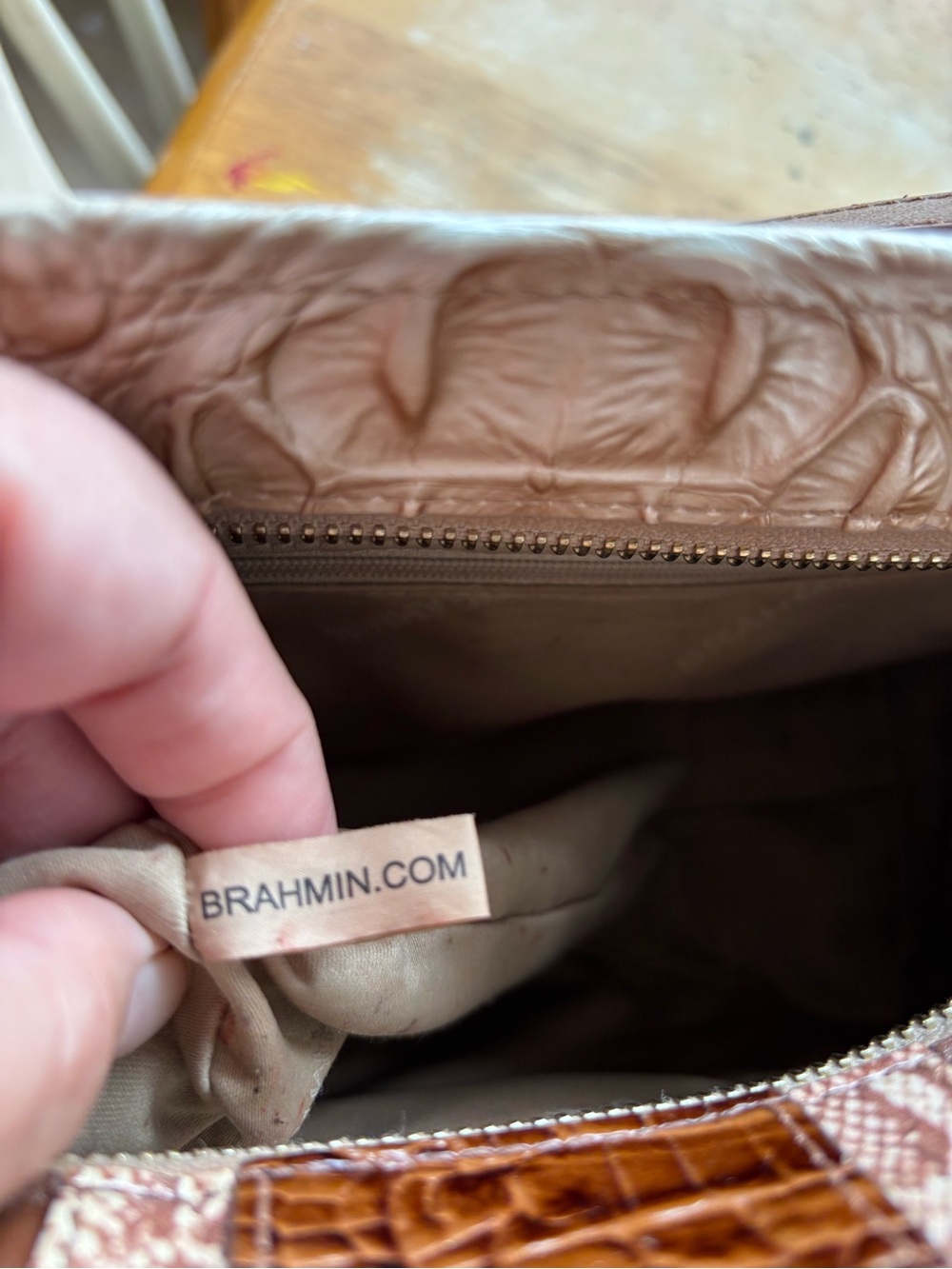 Brahmin Hilary Crossbody Beige and Brown Croc-Embossed Leather with Tassel - Picture 12 of 16